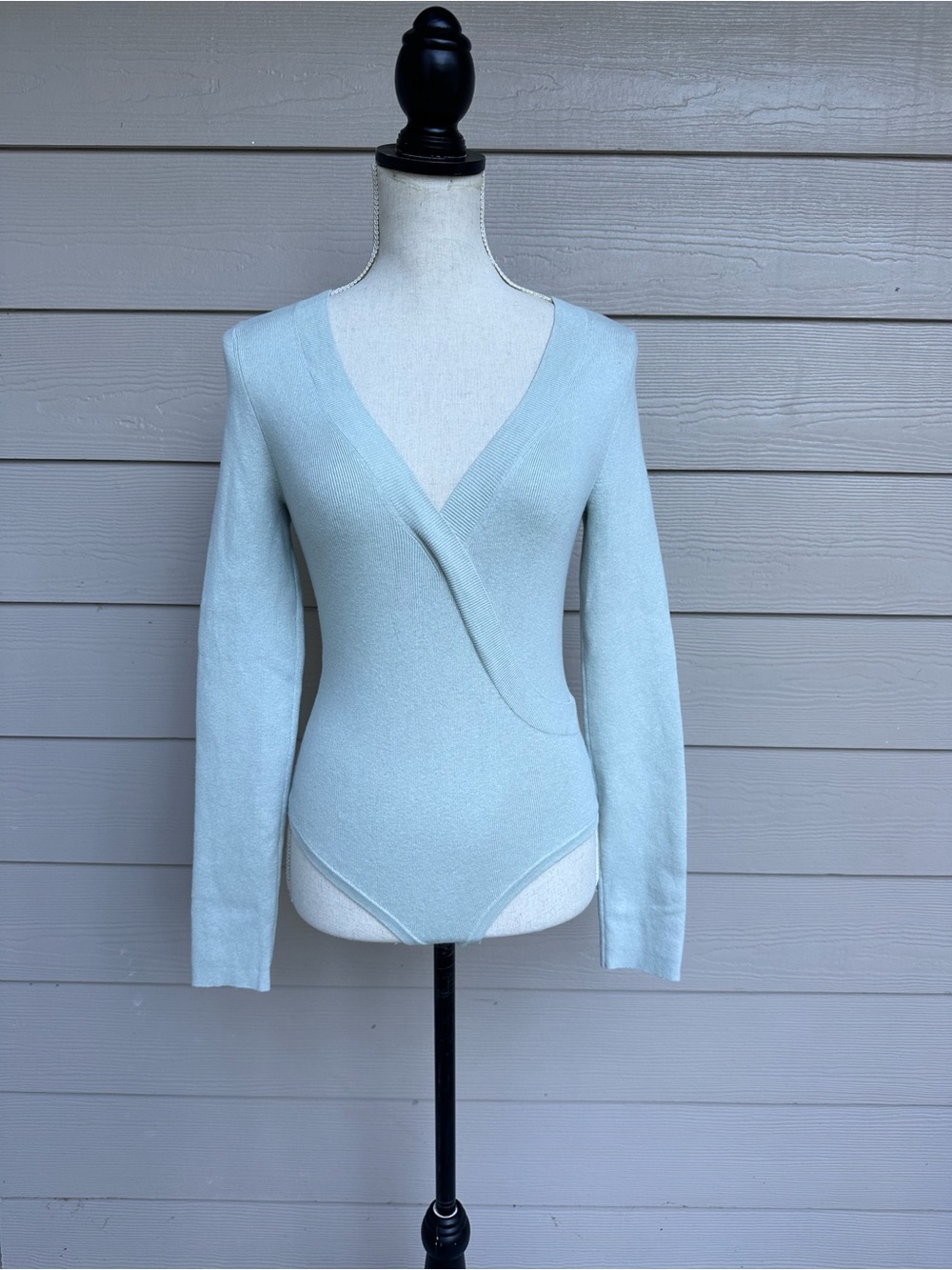 Revolve One Grey Day Cedric Wrap Knit Long Sleeve Bodysuit Green Sz L (B12)